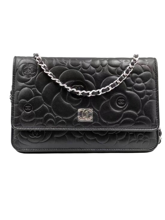 CHANEL Handbags - Pre-owned Chanel Camellia Embossed Lambskin Wallet On Chain Black